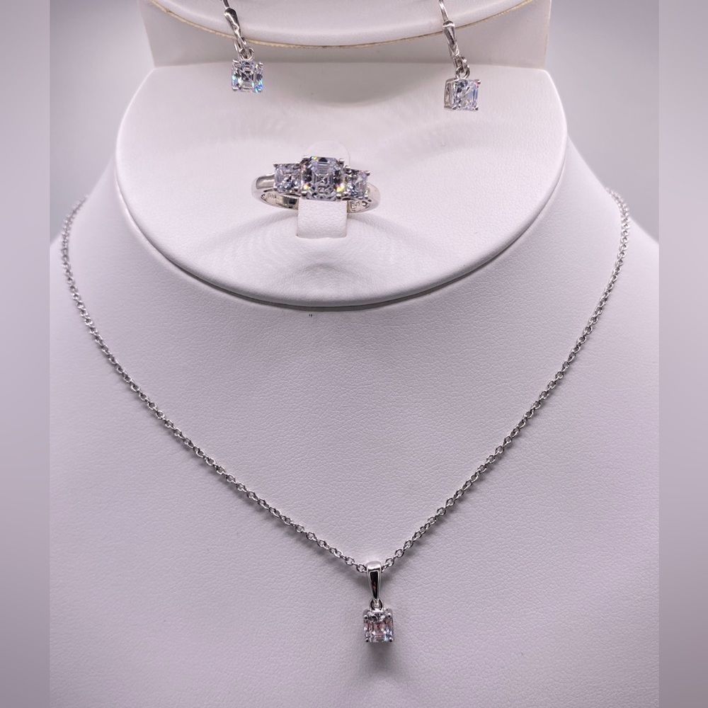Simulated Diamond Jewelry Set, Ring, Earrings, Pendant, 925 Sterling Silver